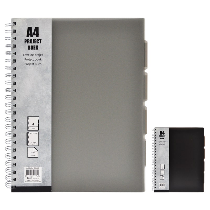 Projectboek A4 23 rings zwart-grijs 4tabs 120 vel