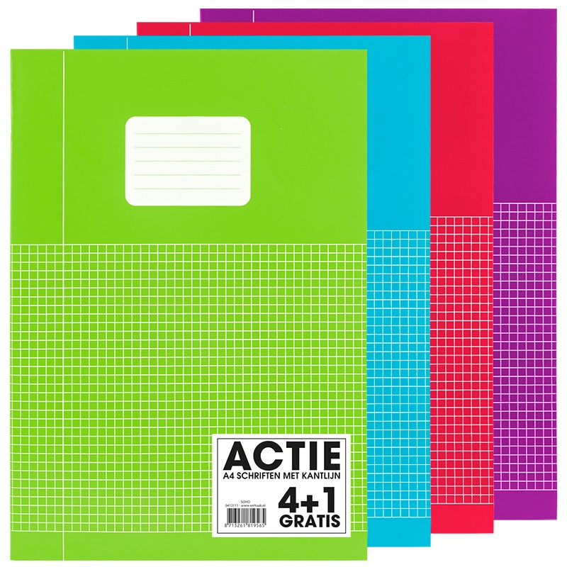Pak à 5 Schriften A4 ruit 5mm felle kleuren