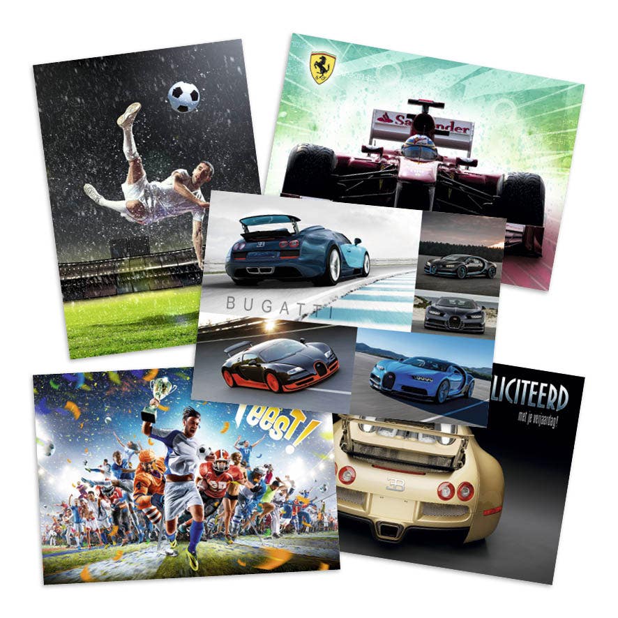 Set met 18 miniposters (A4 kaarten) voertuigen en sport