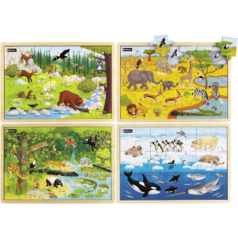 Set van 4 houten puzzels - Dieren van de wereld
