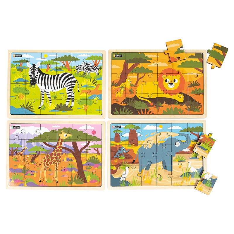 Set van 4 houten puzzels - Dieren van de savanne