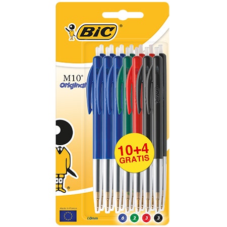 Balpen Bic M10 assorti 10+4 stuks op blister