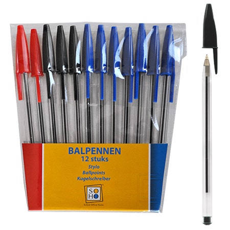 Balpennen in etui 12 stuks zwart/rood/blauw