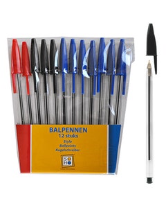 Balpennen in etui 12 stuks zwart/rood/blauw