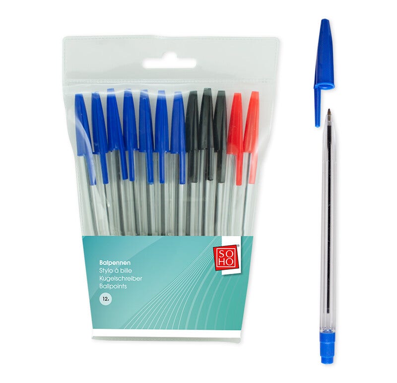 Balpennen in etui 12 stuks | Blauw, rood en zwart