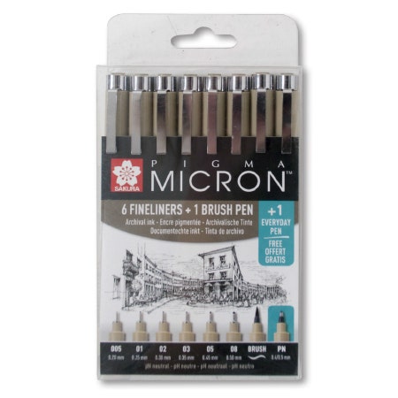 Sakura Pigma Micron fineliners zwart 6 stuks + brushpen + gratis everyday pen