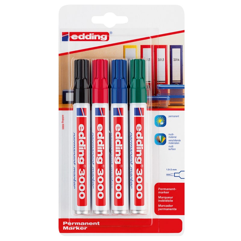 Edding 3000 1.5-3mm ronde punt 4 kleuren op blister