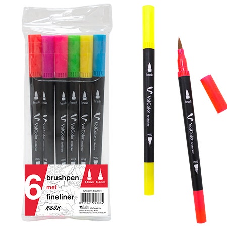 Brushpennen met fineliner in etui neon 6 stuks