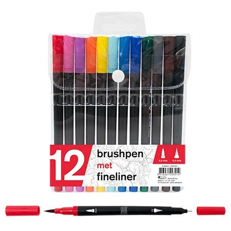 Brushpennen met fineliner in etui 12 stuks