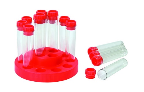 Rek met 14 kleine reageerbuisjes met plastic kurk