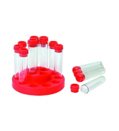 Rek met 14 kleine reageerbuisjes met plastic kurk