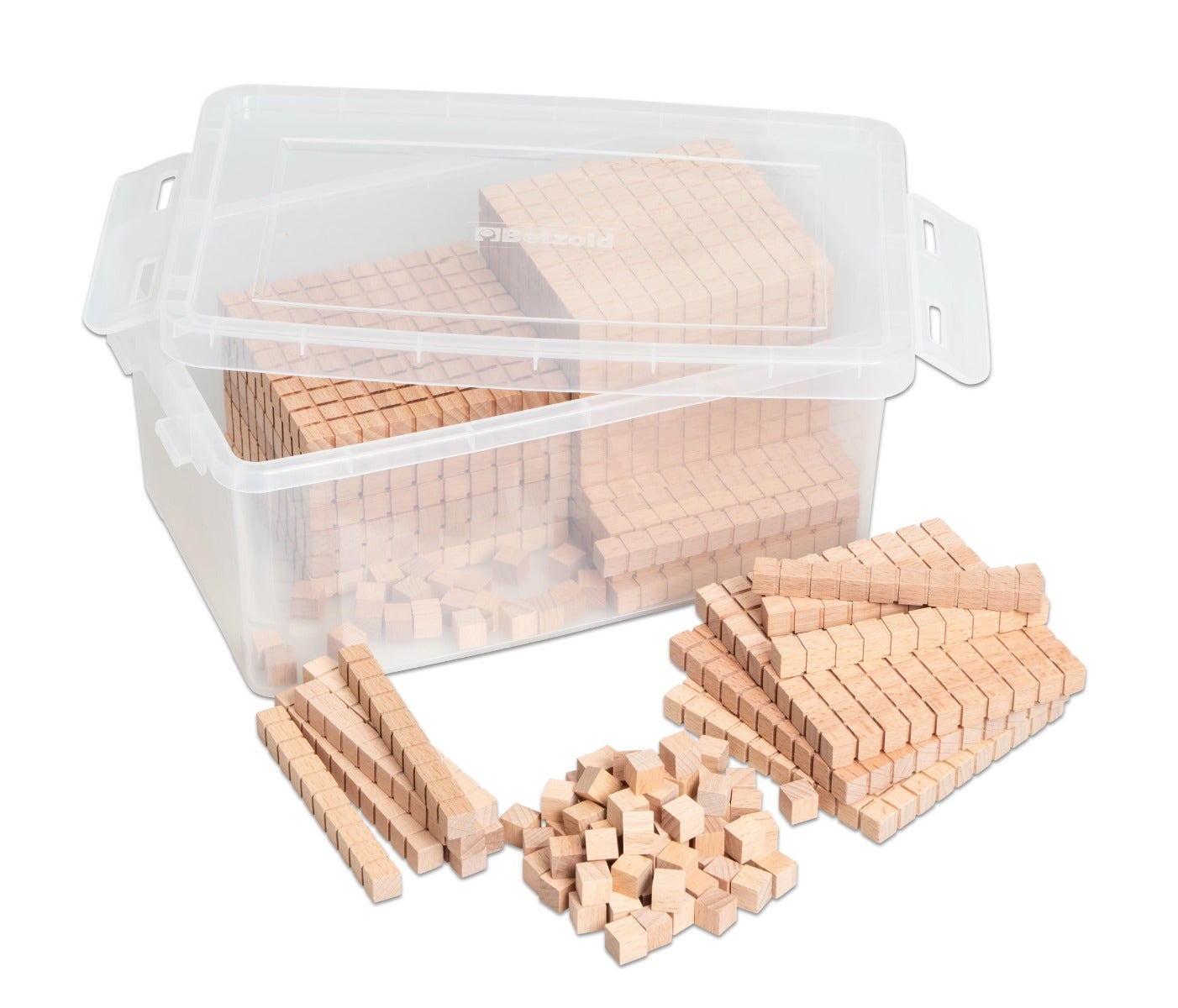 Een plastic opbergbox met houten MAB materiaal blokjes