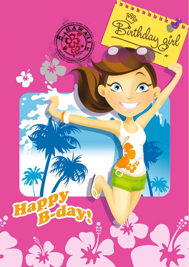 Set van 20 miniposters (A4 kaarten) hippe meiden met de tekst Happy B-day