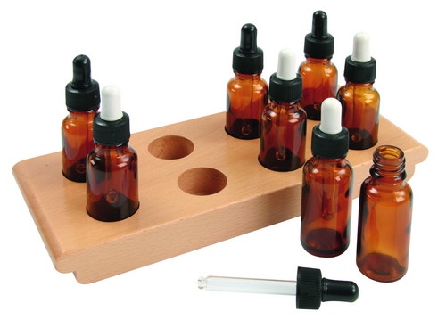 Proefflesjes in houten standaard (8 stuks met pipet)