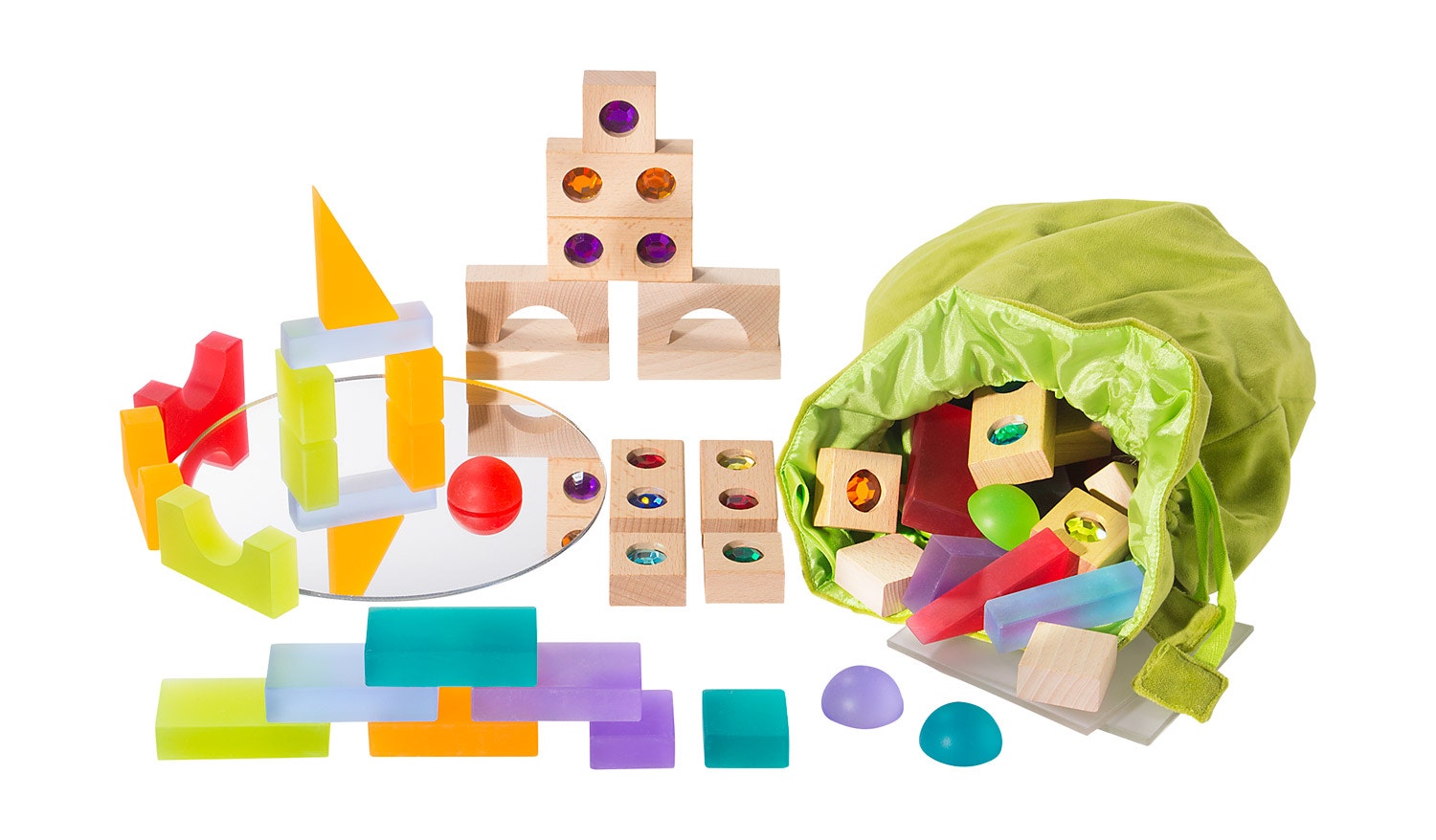 Bouwblokken mixset in fluwelen zak (68-delig)