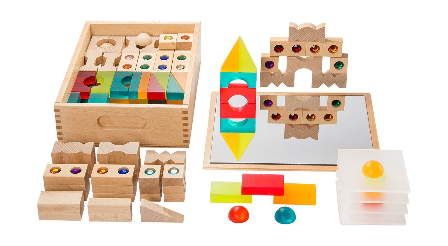 Bouwblokken mixset in houten kist (130-delig)