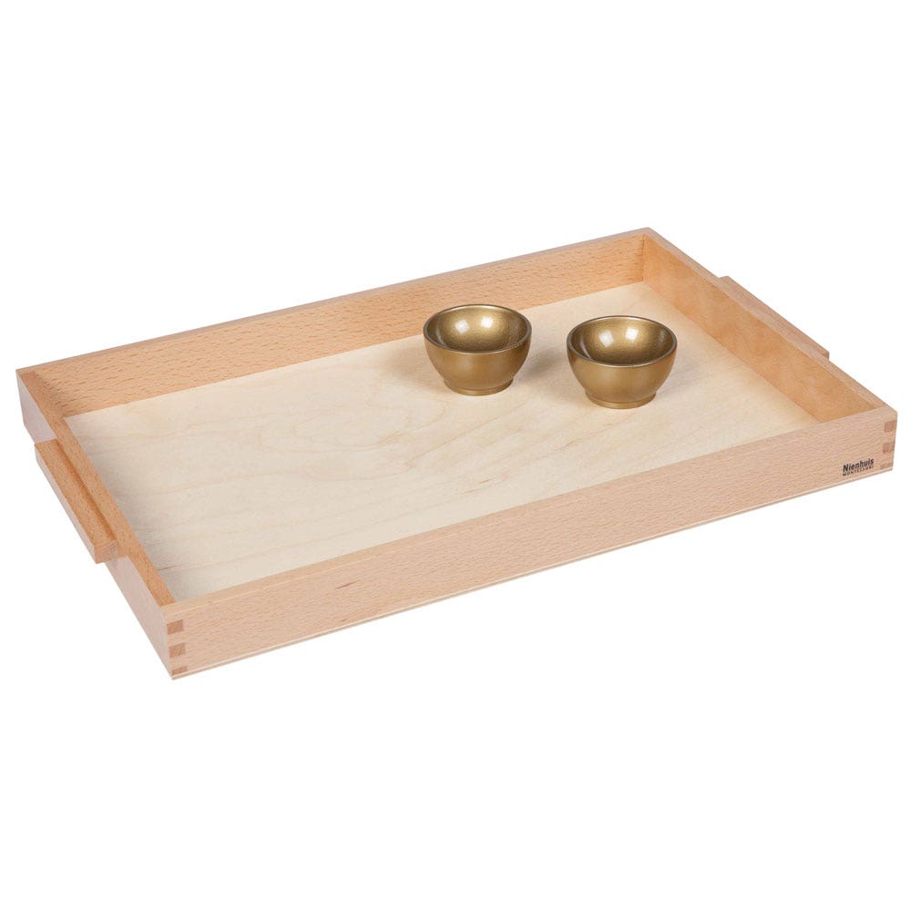 Houten aanbiedingsblaadje met twee houten bakjes