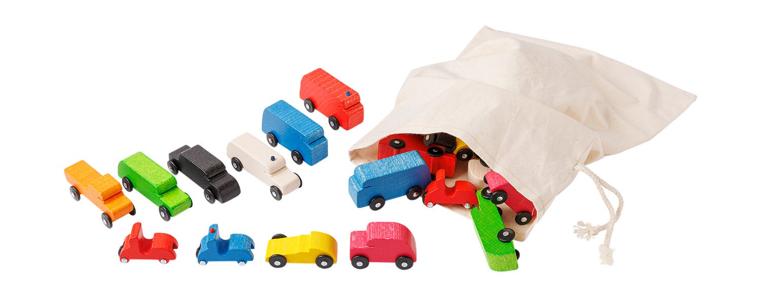 Houten speelgoedauto_s in katoenen zakje | 20 stuks