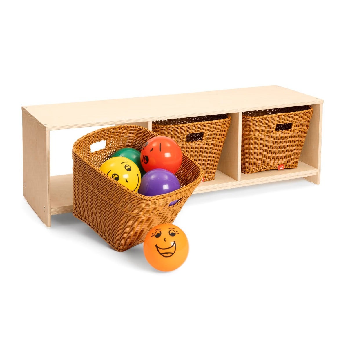 Houten Kinderbank | 3 vakken | 3 manden | 120 x 37 x 35 cm