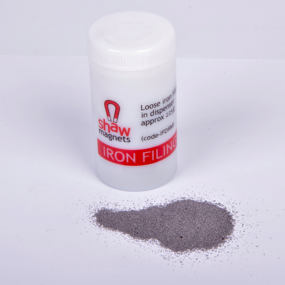 Plastic potje met 225 gram ijzervijlsel. Het potje heeft een draaidop.