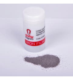 Plastic potje met 225 gram ijzervijlsel. Het potje heeft een draaidop.