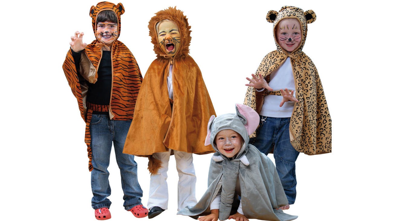 Kostuums (set van 4: leeuw, tijger, luipaard, olifant)