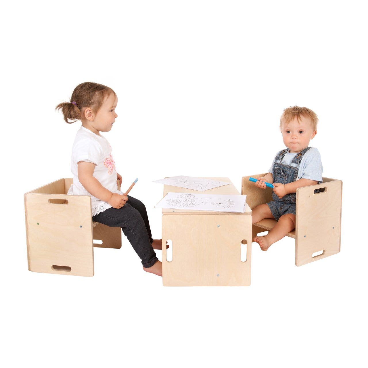 Omkeerbare houten bank en stoelen | Set van 3