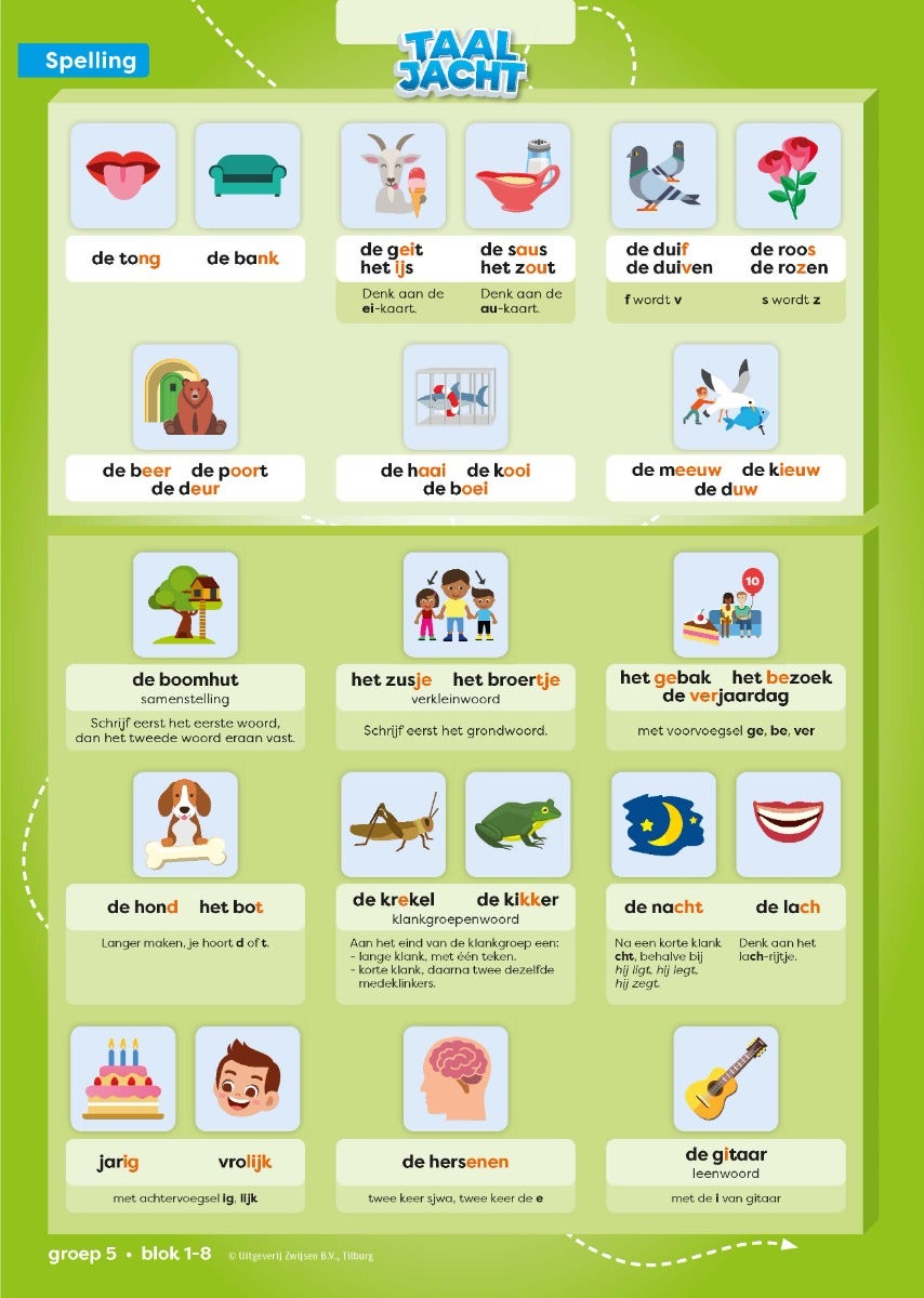 Taaljacht - Groep 5 - Spelling en Grammatica - Categoriekaarten (5 ex.)