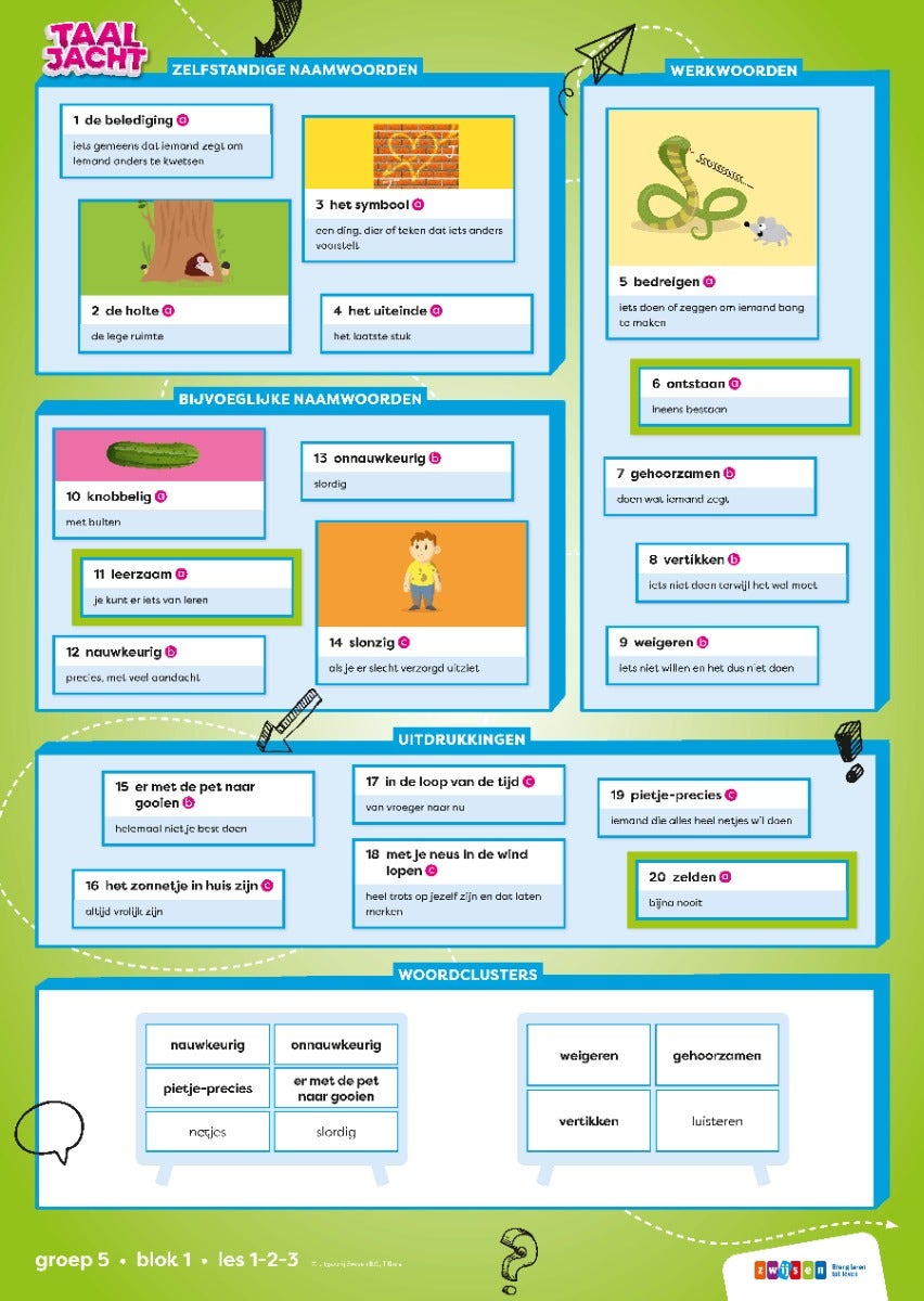 Taaljacht - Groep 5 - Taal - Set Woordposters - Blok 1-8